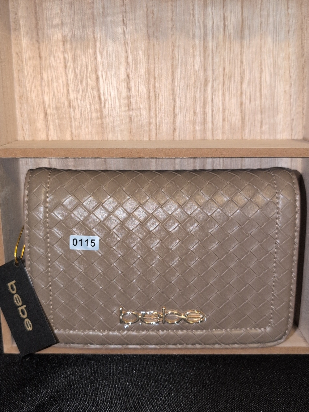 bebe Woven Taupe Flap Crossbody Bag with Gold Logo